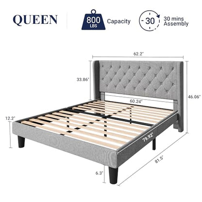 Queen Bed Frame with Button Tufted Wingback Headboard, Light Grey, view 3