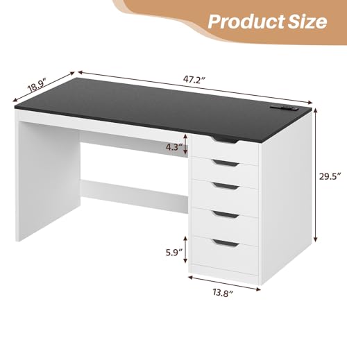 47 Inch Computer Desk with 5 Drawers and Power Outlets for Small Spaces, view 3