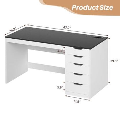 47 Inch Computer Desk with 5 Drawers and Power Outlets for Small Spaces, view 3