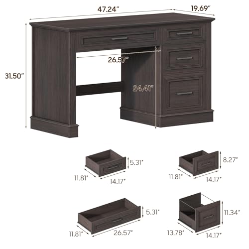 Farmhouse 47" Executive Desk with File Drawer, Computer Desk with 4 Drawers, Workstation for Study, Writing, Home Office, Espresso.