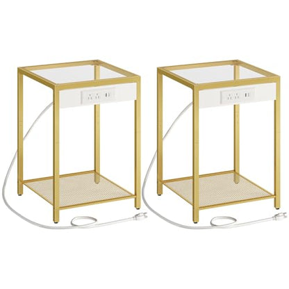Side Table with Charging Station, Set of 2 End Tables with USB Port, Nightstand for Tight Spaces, Tempered Glass, Modern Metal Frame, for Office, Bedroom, Living Room, Gold GD76UBZP201