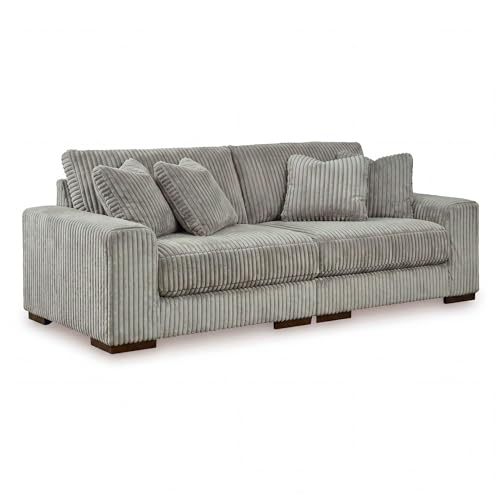Signature Design by Ashley Lindyn 2-Piece Sectional Sofa, Plush Deep Seat Corduroy Velvet Upholstery, Symmetrical Sectional Couch with Throw Pillows for Cozy Living Rooms, Fog Gray, 98"W
