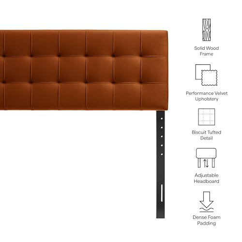 Lily Performance Velvet Full Size Headboard with Biscuit Tufting in Rust - Stain-Resistant Upholstery with Padded Design and 5 Height-Adjustable Mounts