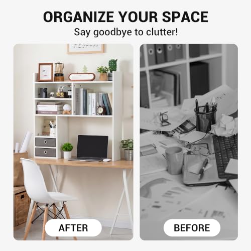 Desktop Bookshelf, High-Capacity Desk Hutch Organizer, White, view 6