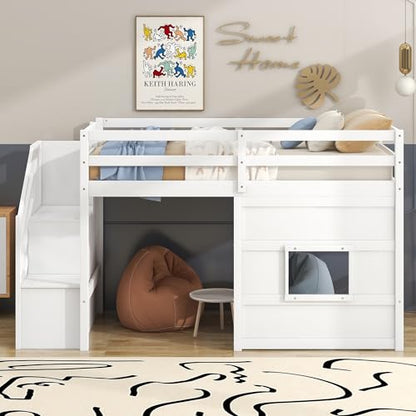 Twin Size Loft Bed with Storage Staircase, Window, LED Light, White