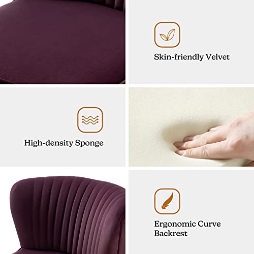 Velvet Accent Chair, Modern Upholstered Cute Side Chair with Gold Metal Legs, Armless Wingback Slipper Chair Comfy Living Room Chair for Bedroom Guest Room Vanity, Purple