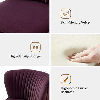 Velvet Accent Chair, Modern Upholstered Cute Side Chair with Gold Metal Legs, Armless Wingback Slipper Chair Comfy Living Room Chair for Bedroom Guest Room Vanity, Purple