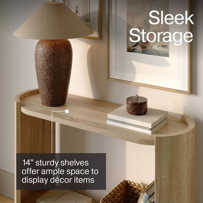 Curved Wood Leg Console Table – Modern Oval Sofa Table with Storage – Mid-Century Narrow Entryway Table – Easy to Assemble Hallway or Living Room Furniture – Light Oak