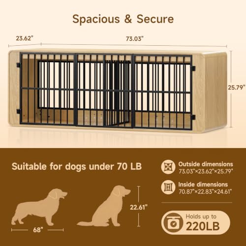 74" Double Dog Crate Furniture TV Stand for Large Dogs, Natural Oak, view 4