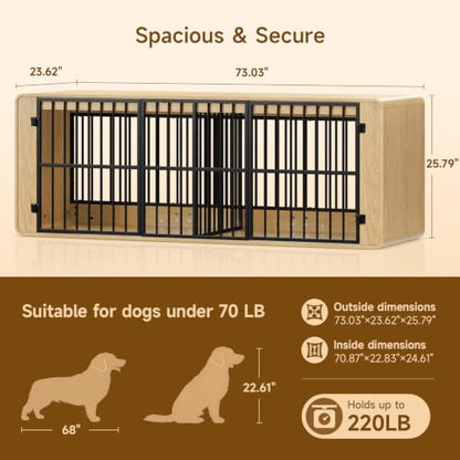 74" Double Dog Crate Furniture TV Stand for Large Dogs, Natural Oak, view 4
