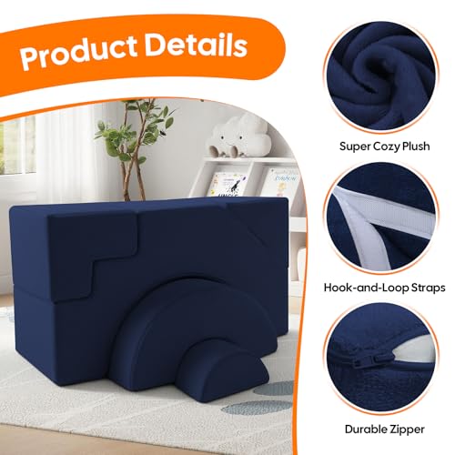 Modular Kids Sofa, Foam Couch Sofa with Slide & Stair Design, Convertible Kids Couch for Playroom, Sectional Child Furniture for Bedroom Living Room, Navy