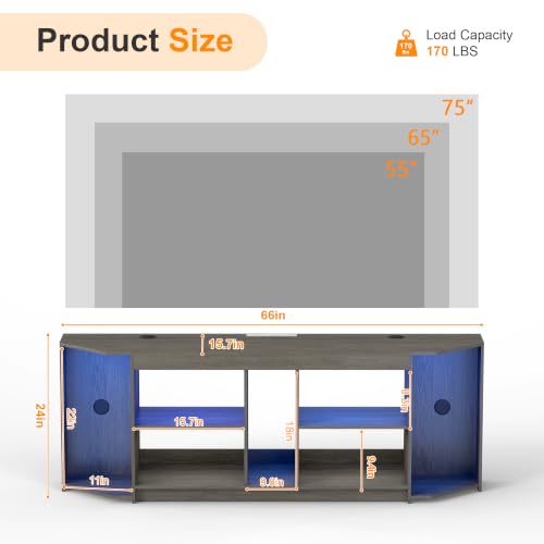 Modern TV Stand with LED Lights & Power Outlets for 75 inch TVs, view 3