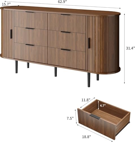 63" Wide Fluted 6 Drawer Dresser for Bedroom, view 3