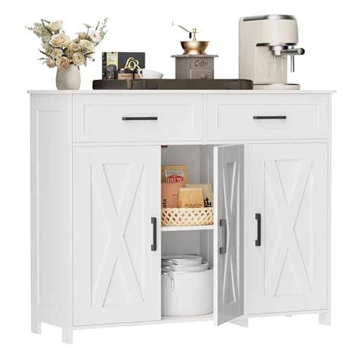 Sideboard Buffet Cabinet, Coffee Bar Storage Cabinet with Drawers and Doors, Farmhouse Kitchen Cabinet with Adjustable Shelves, for Kitchen, Dining Room, Living Room, White
