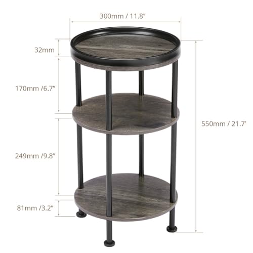 Small Round Side Table, Rustic Grey End Table with Tray Top, 3-Tier Greige Nightstand for Living Room & Bedroom, 11.8" Narrow Corner Table, 21.7" H Industrial Accent Furniture for Small Spaces, Grey