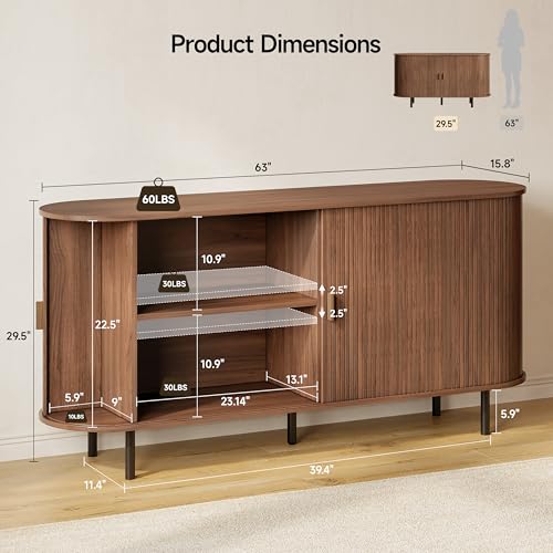 63" Fluted Buffet Sideboard Cabinet with Sliding Door, Walnut, view 3