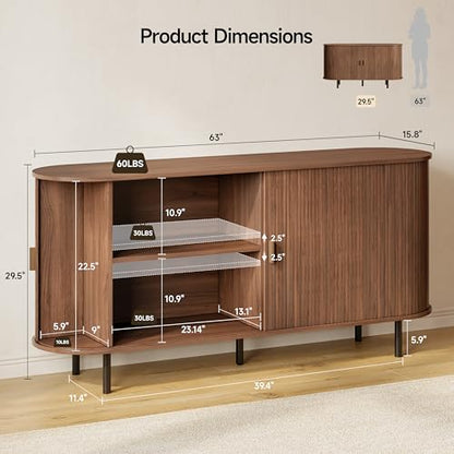 63" Fluted Buffet Sideboard Cabinet with Sliding Door, Walnut, view 3