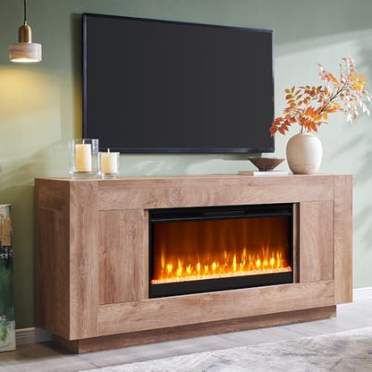 70" Fireplace TV Stand for 80" TV, Thick Block Media Console, Light Oak, view 2