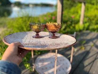 Moroccan Metal Side Table, Intricate Pattern, Removable Lattice Trays, Foldable, Antique Champagne Gold with White Patina, Distressed Finish, 20 Inches Tall