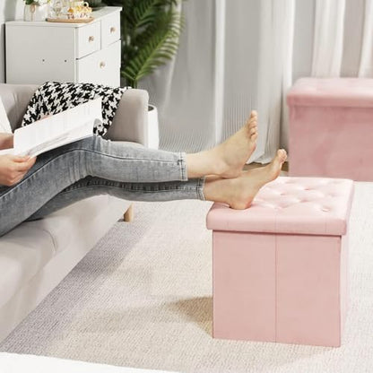 Storage Ottoman Cube, Velvet Tufted Folding Ottomans with Lid, Footstool Rest Padded Seat for Bedroom (Pink, Medium)