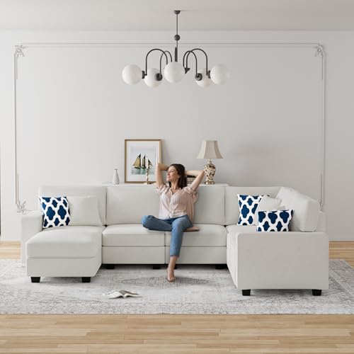 Oversized Modular Sectional Sofa,U/L‑Shaped Reversible Couch with Ottoman,Deep Seat Plush Polyester Sofa for Living Room,7‑Seater,Cream