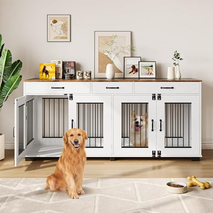 71-Inch Wooden Double Dog Crate with 3 Drawers, Brown & White, view 8