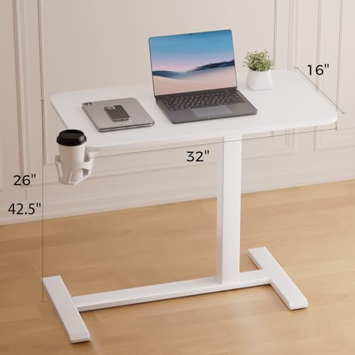 Small Standing Desk with Hidden Wheels, Pneumatic Mobile Rolling Laptop Desk, Adjustable Height Overbed Bedside Table Computer Workstation for Home Office (32" W x 16" D, White)