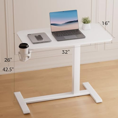 Small Standing Desk with Hidden Wheels, Pneumatic Mobile Rolling Laptop Desk, Adjustable Height Overbed Bedside Table Computer Workstation for Home Office (32" W x 16" D, White)