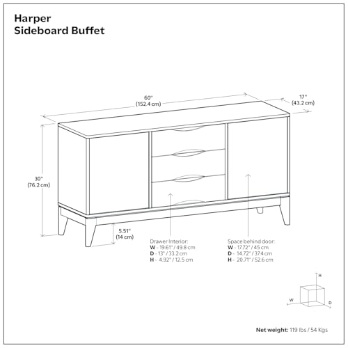 Harper 60" Wide Solid Wood 2-Door Buffet in Teak Brown, view 4