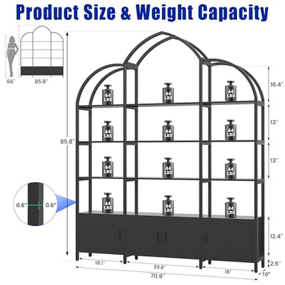 Triple Wide 5 Tier Tall Arched Bookshelf and Bookcase with 3 Cabinets, Industrial Metal Etagere Open Bookshelf, Wood Standing Book Shelf with Black Metal Frame for Bedroom Living Room