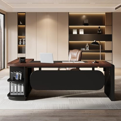 Tribesigns 81'' L-Shaped Executive Desk, Large Modern Office Desk with Drawers and File Cabinet for Home or Business Workspace, Computer Desk with Storage Shelves, Walnut & Black