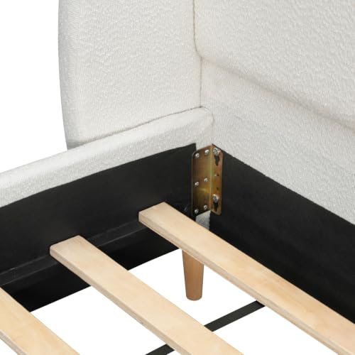 Queen Upholstered Bed Frame with Wingback Headboard (White, Queen) | Cloud Boucle Platform Bed, Solid Wood Legs, Strong Wood Slats Support, No Box Spring Required