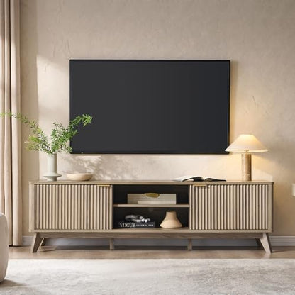 70" Mid Century Modern Fluted TV Stand w/ 2 Soft Close Door, Alder Grey, view 4