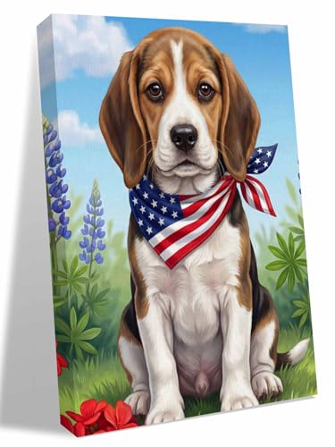 NuYeBiofx Independence Day USA Flag 4th of July Farm Flower Dog Canvas Wall Art Prints,48"x32" Framed Picture Artwork Printed Canvas Oil Painting for Living Room Bedroom Office,Ready to Hang