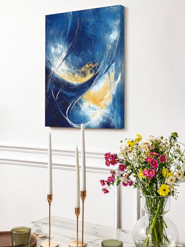 NuYeBiofx Navy Blue Gradient Abstract Color Block Canvas Wall Art Prints,40"x28" Framed Picture Artwork Impressionistic Style Printed Canvas Oil Painting for Living Room Bedroom Office,Ready to Hang