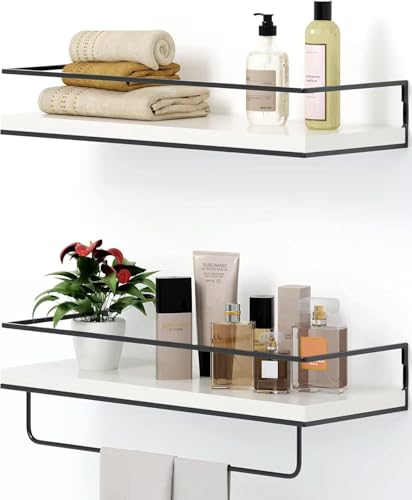 Shario White Floating Shelves - Set of 2, Wall Mounted Hanging Shelves with Black Towel Rack, Decorative Storage Shelves for Bathroom, Kitchen, Living Room & Bedroom (Modern White, 15.7 Inches)