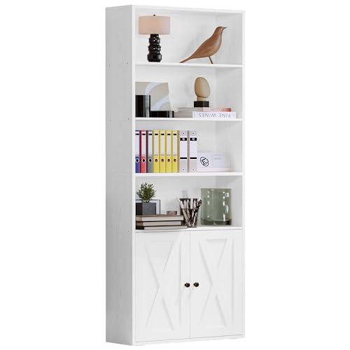 Industrial Bookshelves and Bookcases with Doors Floor Standing 6 Shelf Display Storage Shelves 70 in Tall Bookcase for Home Office, Living Room