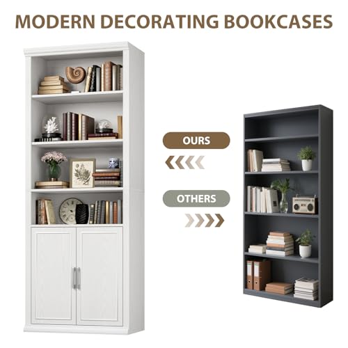 28" W Bookcase and Bookshelf with Doors, Modern Tall Bookshelf 6-Tier White Bookshelves with Storage Cabinet for Office, Living Room, Library