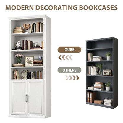 28" W Bookcase and Bookshelf with Doors, Modern Tall Bookshelf 6-Tier White Bookshelves with Storage Cabinet for Office, Living Room, Library