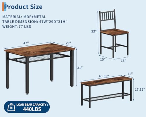 Modern Dining Table Set for 4, Kitchen Table for 4 with Chairs &Storage Bench,47 "Rectangular Dining Room Set with Bench,4 Piece Kitchen Table Set for Small Space/Apartment(Brown)