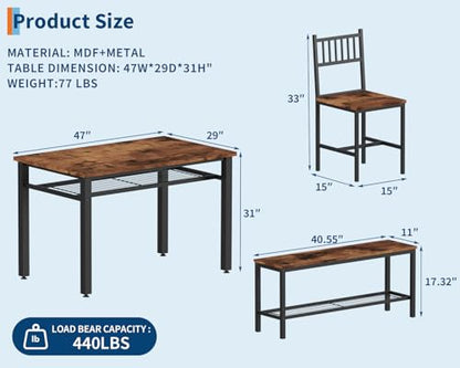 Modern Dining Table Set for 4, Kitchen Table for 4 with Chairs &Storage Bench,47 "Rectangular Dining Room Set with Bench,4 Piece Kitchen Table Set for Small Space/Apartment(Brown)