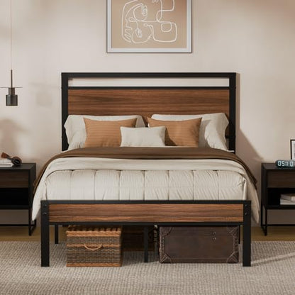 Full Metal Bed Frame&Wooden Headboard&Footboard,No Box Spring,Walnut, view 2