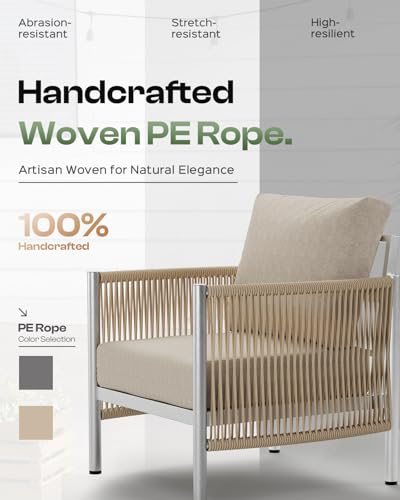 Aluminum Outdoor Patio Furniture Set with Dual-Layer Coffee Table, 4 Piece Modern Patio Conversation Sets with PE Rope, Outdoor Sectional Sofa with Thick Cushions for Balcony, Porch, Beige