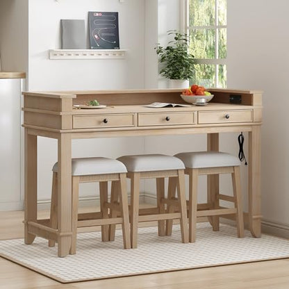 4 -Piece Farmhouse Dining Table Set with USB Charging/Drawers Wood Table with 3 Cushion Stool for Kitchen Dining Room Natural Wood Wash