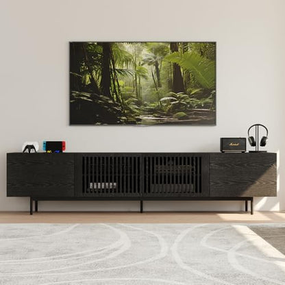 Full Assembled Mid-Century Modern TV Stand with Slatted Doors, Wood Media Console for 80 85+ Inch TV, TV Console with Tall-cast Metal Legs, Entertainment Center with Storage for Living Room