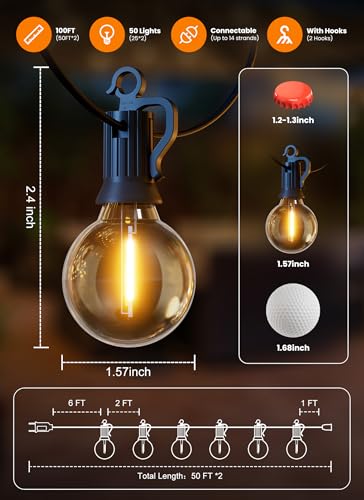 100FT 52 LED Bulbs Outdoor String Lights, G40 Shatterproof String Lights, view 8