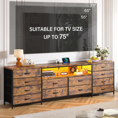 Fits 65,70 Inch Tv Stand, 63" W Entertainment Center with LED Lights & Power Outlets, 12 Long Fabric Dresser for Bedroom, Hallway, Rustic Brown