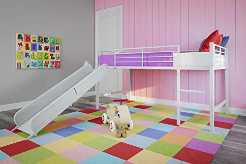 Junior Twin Metal Loft Bed with Slide, Multifunctional Design, White with White Slide