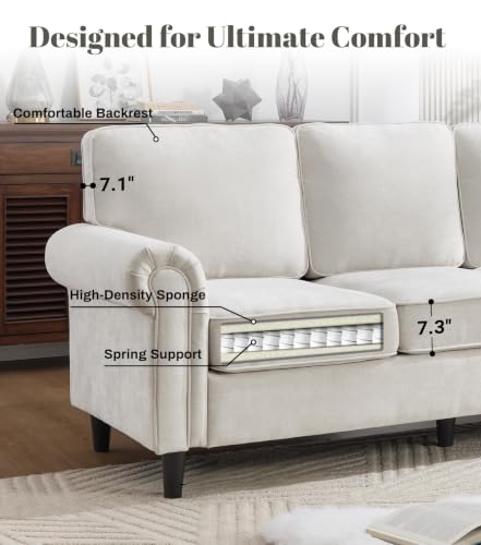 3 Seater Couch, Mid Century Modern Sofa with Rolled Arms and Deep Seats, Fluffy Comfort for Living Room, Apartment, Easy Assembly, Beige