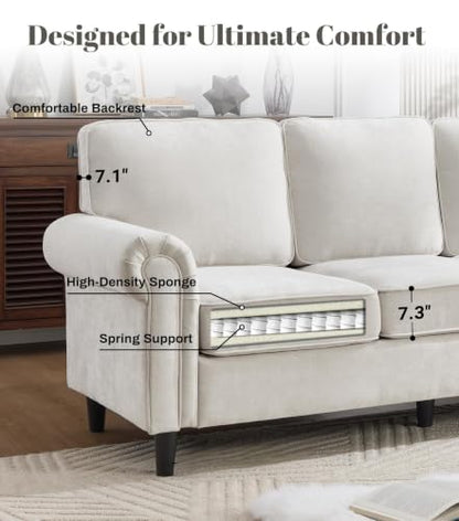 3 Seater Couch, Mid Century Modern Sofa with Rolled Arms and Deep Seats, Fluffy Comfort for Living Room, Apartment, Easy Assembly, Beige